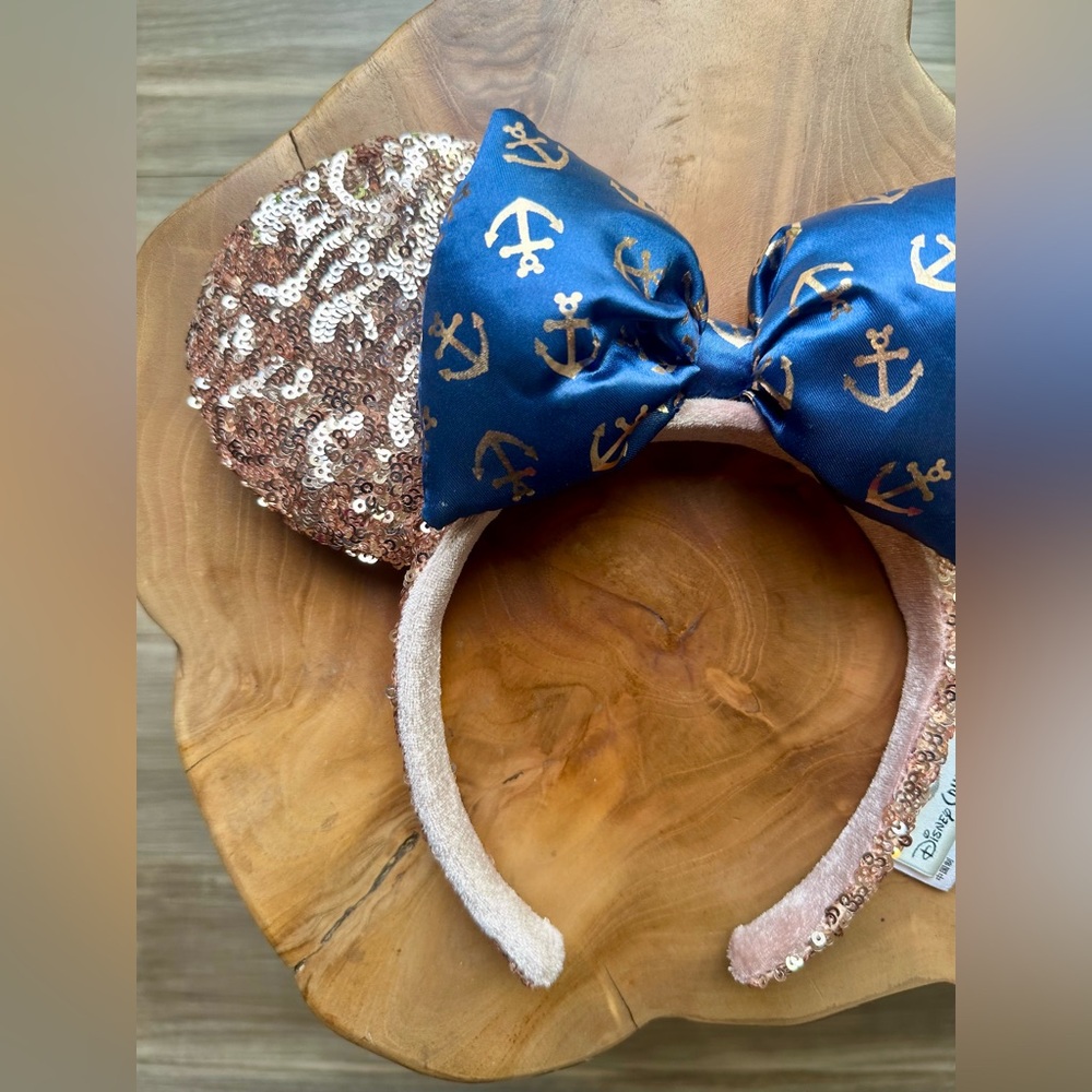 Disney Cruise Line Minnie Mouse Ears Headband Rose Gold Sequin Blue Bow Nautical - Picture 3 of 8